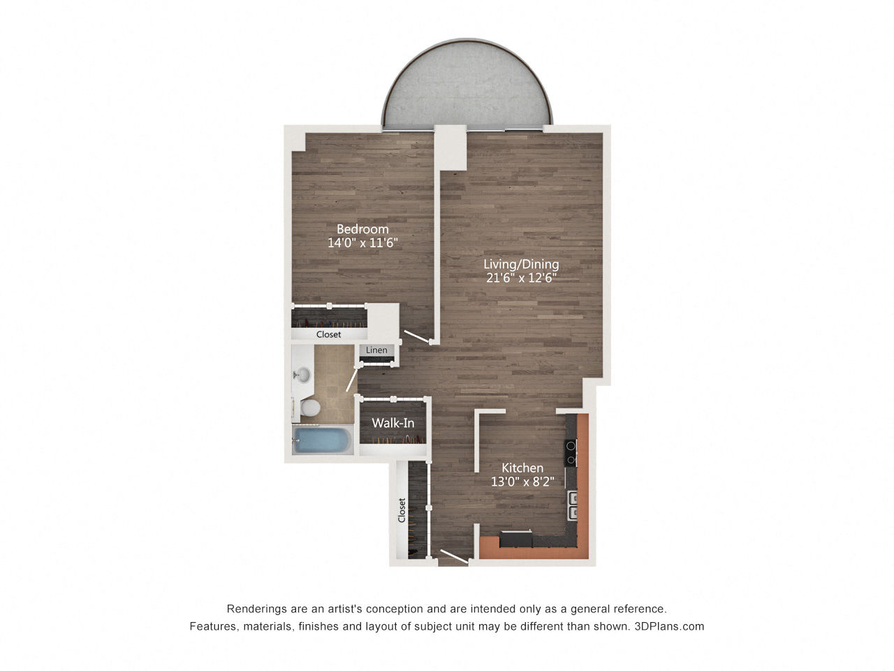 Floor plan for 1 bed, 1 bath, 740 sqft